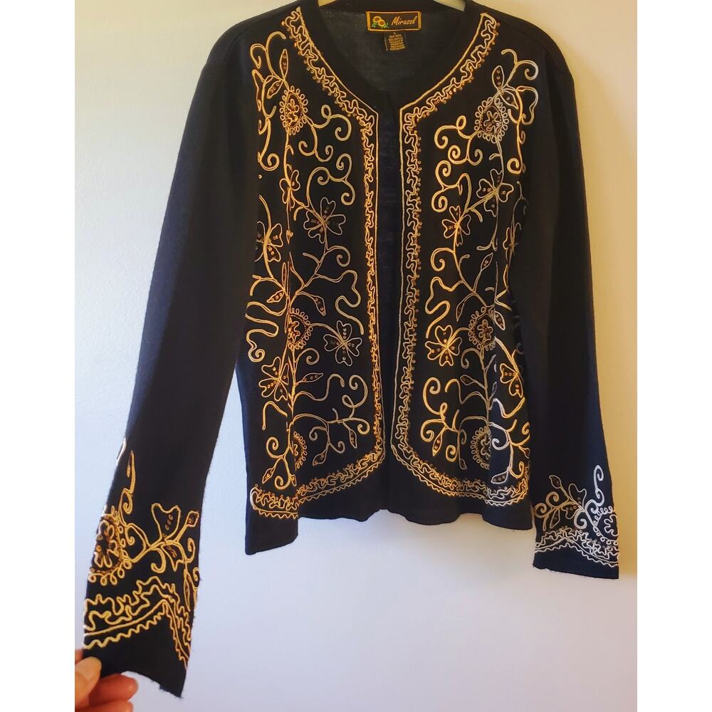 Mirasol Cardigan Sweater Black Gold Womens L Bohemian Vintage Embroidered